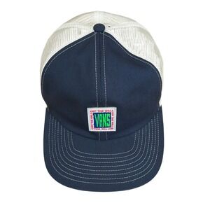 Vans Off The Wall Trucker Hat Mens Navy Blue White Mesh Snapback Logo Cap